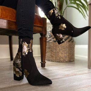 Black Metallic Floral Ankle Boots
